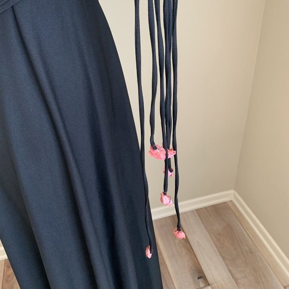 Vintage 70s Black Maxi Dress Poly With Rose Ties Groovy Hippie Hippy Boho - Picture 9 of 12